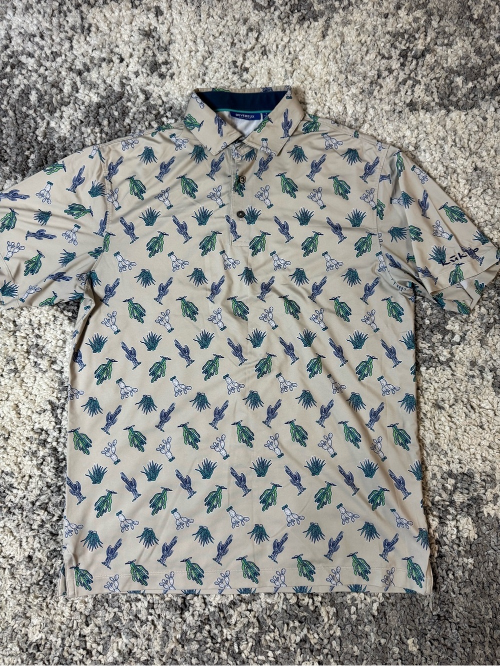 Devereux, Men’s Beige Polo with Blue and Green Cactus Print Shirt, Small